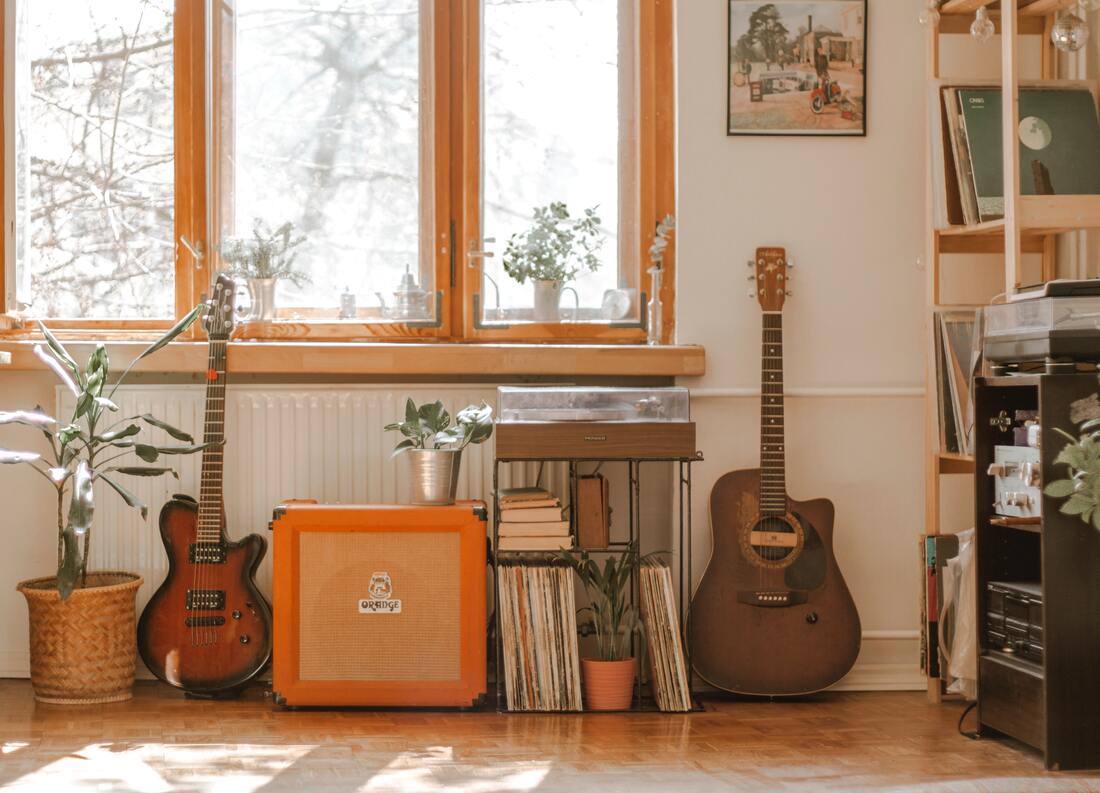 https://www.pexels.com/photo/room-interior-with-guitars-and-musical-equipment-near-shelves-and-plants-4122135/